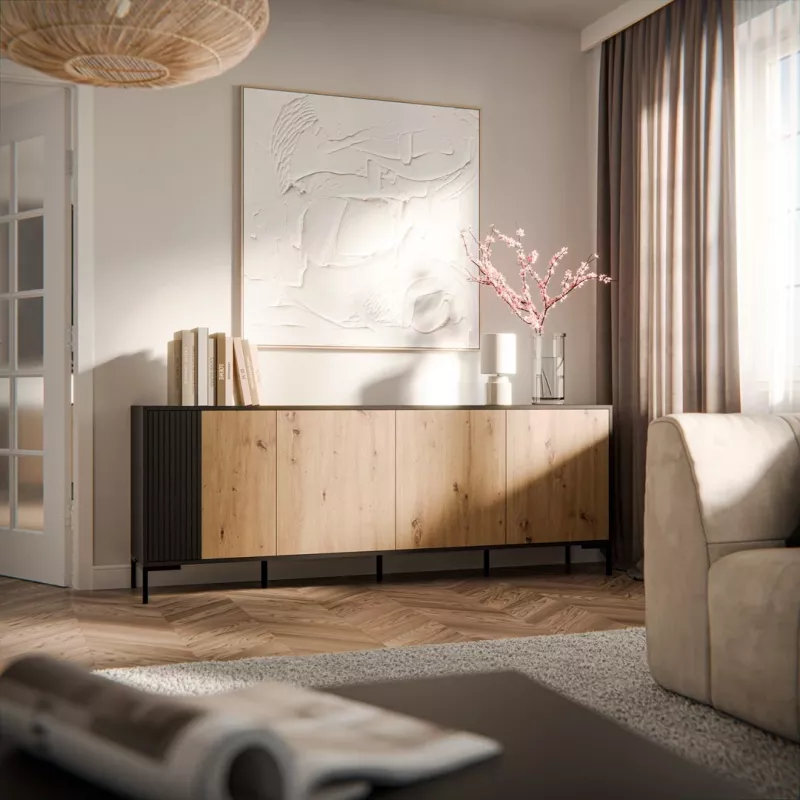 Kumode cama meble MERCI 200 x 40 x 74 cm — melna/artisan ozols, skaidu plātne