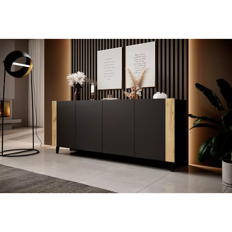 Kumode FARO KOM200 CZ — 2000×420×820 mm, matēti melns rāmis, ozolkrāsas frontes