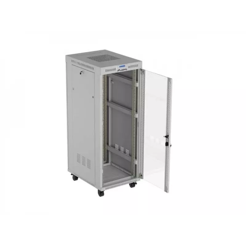 19 collu 32U LANBERG stāvošs skapis 600×800 mm pelēks ar stikla durvīm un LCD (Flat Pack)