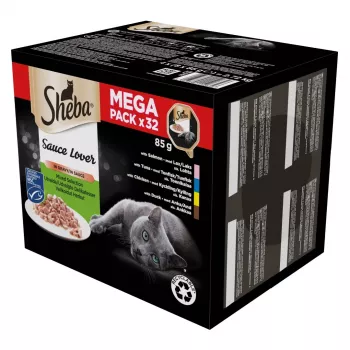 Slapjās kaķu barības paplātes Sheba sortiments 32 x 85 g — mājputnu, pīles, laša, tunča