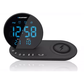 Blaupunkt CR85BK pulksteņa radio ar FM PLL, USB lādētāju, bezvadu uzlādi, iekštelpu/āra temperatūras rādījumu, melns