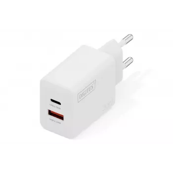 DIGITUS DA-10301 AC Iekštelpu USB GaN Lādētājs — 30W, 1× USB-C, 1× USB-A, 100–240V, balts