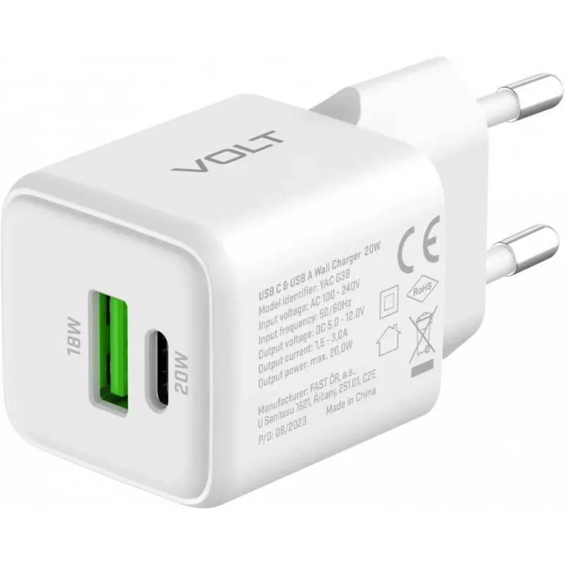 YENKEE YAC G38 20W 3A Power Delivery USB-C un USB-A sienas lādētājs
