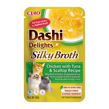 Slapjš kaķu gardums INABA Dashi Delights — Vistas gaļa ar tunzivi un gliemeni, 40 g paciņa, 93% mitrums, 5.5% olbaltumvielas