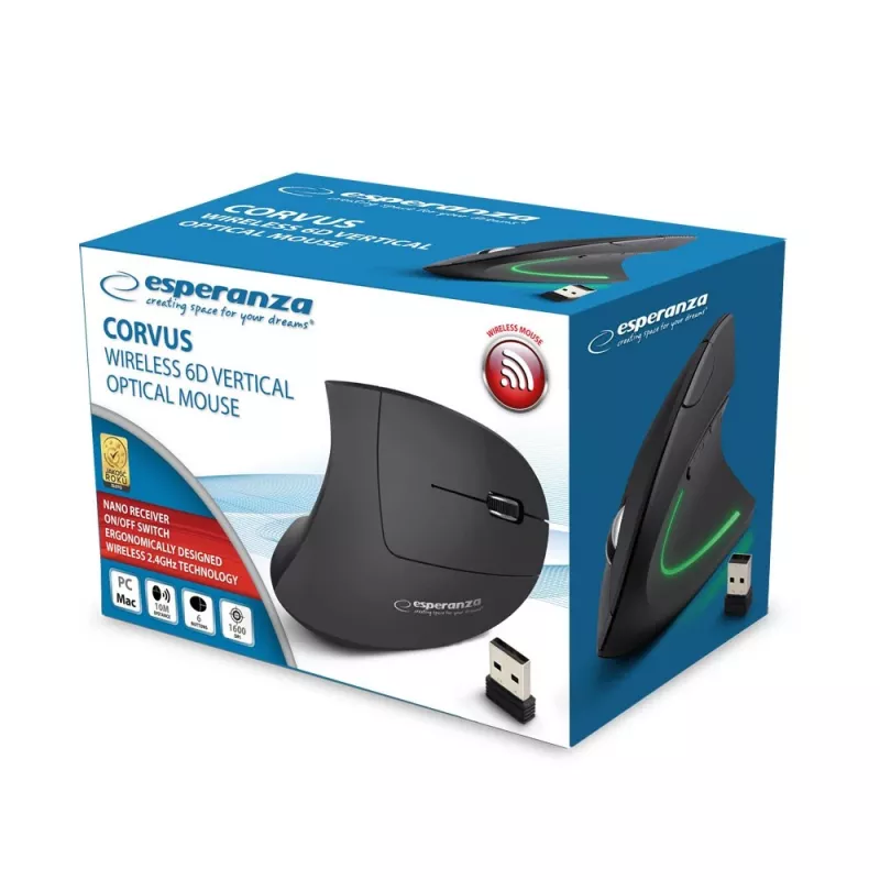 Bezvadu pele ESPERANZA EM133 — ergonomiska labai rokai, 1600 DPI, 6 pogas, 2.4 GHz USB nano uztvērējs, 10 m darbības rādiuss, melna