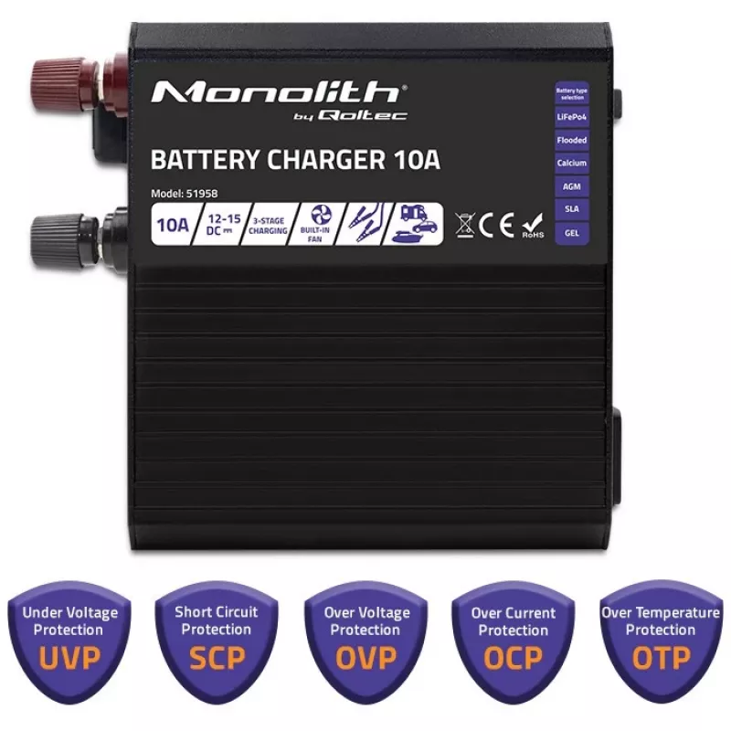 Qoltec Smart Monolith akumulatoru lādētājs LiFePO4 AGM GEL SLA | 10A | 12V