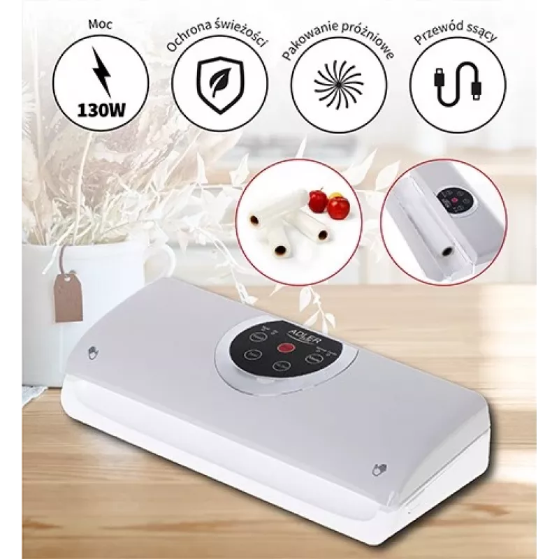 Vakuuma iepakojuma iekārta Adler AD 4503, 130 W, vakuums -750 līdz -800 mbar, C tipa spraudnis, pelēka/balta