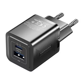 Vention FEQB0-EU GaN 30 W sienas lādētājs, 1x USB-C + 1x USB-A, melns