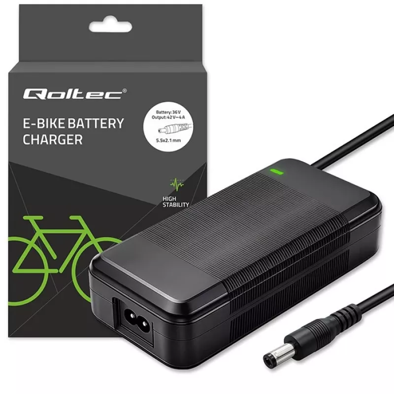 Lādētājs QOLTEC 36V–42V 4A e-velosipēdam, līdzstrāvas spraudnis 5.5×2.1 mm