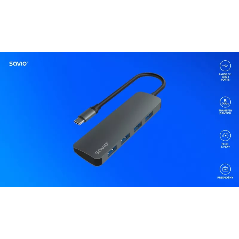 USB centrmezgls SAVIO AK-54 — 4 x USB-A (USB 3.2 Gen 1), USB-C saimnieks, melns