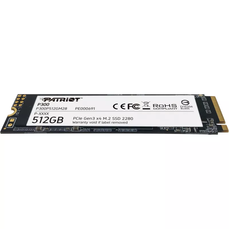 Iekšējais SSD PATRIOT P300 512 GB M.2 PCIe NVMe — Lasīšana 1700 MB/s, Rakstīšana 1200 MB/s, 3D NAND, 3.8 mm, TBW 240