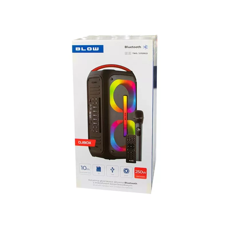 BLOW DJBOX 30-392# Bluetooth skaļrunis 250 W ar tālvadības pulti un mikrofonu, USB, microSD, AUX, TWS, iebūvēts akumulators, melns