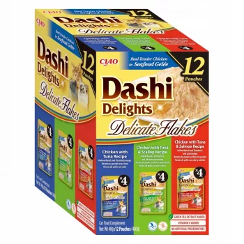 Slapjā kaķu barība INABA Dashi Delights Delicate flakes Tuna mix — 12 x 40 g, pilnvērtīga pieaugušo barība, 12% olbaltumvielu, 86% mitruma