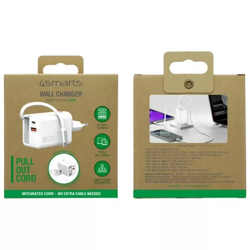4smarts 541065 GaN Flex Jojo 65W tīkla lādētājs, 2x USB-C PD + USB-A QC 3.0, ievelkams USB-C vads, 100-240V, baltā krāsā