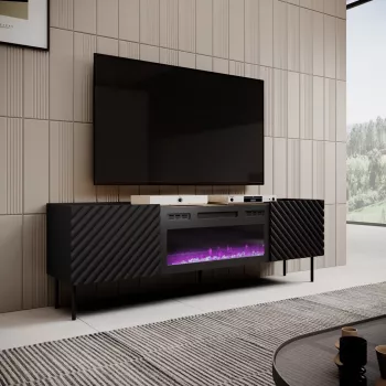 TV skapis Cama Meble ONDA ar elektrisko kamīnu 1805×400×580 mm, melns, skaidu plātnes virsma (stāvošs vai pie sienas)