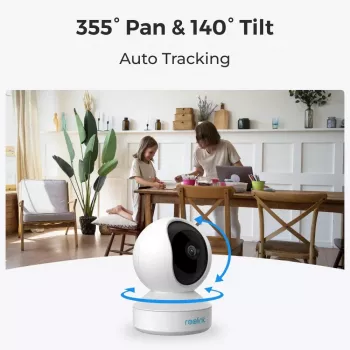 Iekštelpu IP drošības kamera Reolink E Series E330 — 4MP, 4 mm objektīvs, 84°×45° redzes lauks, 2.4/5 GHz Wi‑Fi, divvirzienu audio, cilvēku/mājdzīvnieku noteikšana