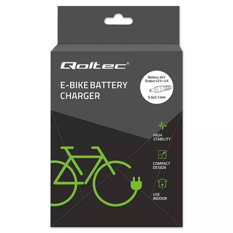 Lādētājs QOLTEC 36V–42V 4A e-velosipēdam, līdzstrāvas spraudnis 5.5×2.1 mm