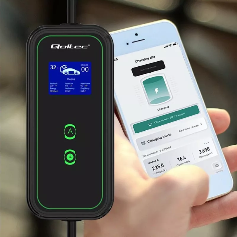 Qoltec Mobilais EV Auto Lādētājs Regulējams 2in1 Type2 | 7kW | 230V | CEE 3 PIN | Wi-Fi | LCD | Pārnēsājams | Wallbox | 5m