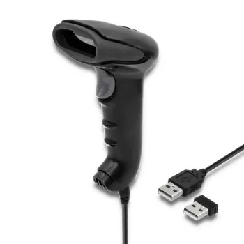 Rokas svītrkodu lasītājs QOLTEC 50868 — 1D/2D lāzera skeneris, USB vads un bezvadu, darba attālums 600 mm, melns