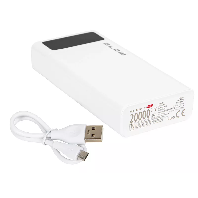 Pārnēsājams enerģijas bloks BLOW PB20E 20000mAh QC+PD 20W ar USB-C, 2×USB-A, Lightning ieeju, polimēra akumulators