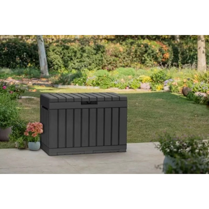 Āra glabāšanas kaste Keter Kentwood 190L – 190 litri, grafīta krāsa, atloka vāks, 823×457×577 mm
