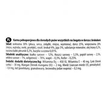 Slapjā suņu barība Dolina Noteci Premium — menca un brokoļi, 800 g, pieaugušiem suņiem, bezgraudu, bezglutēna