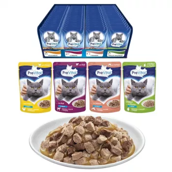 Slapjā barība kaķiem PREVITAL Cat Food Mix 4 garšas – vista, teļš, lasis, mājputni, 96 x 100 g paciņas (9,6 kg, pieaugušiem)