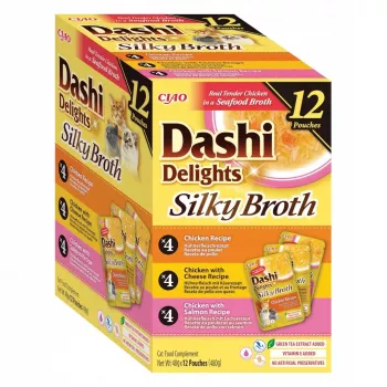 Slapjā kaķu barība INABA Dashi Delights Silky Broth Vistas un laša maisījums, 12 x 40 g paciņas, pilnvērtīga pieaugušo barība