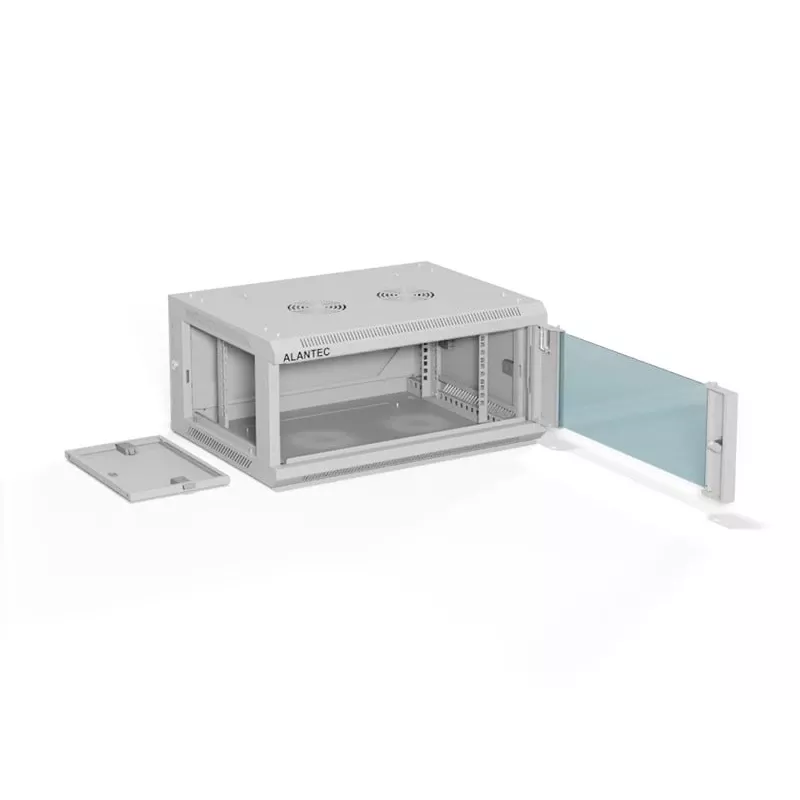 Pie sienas montējams 19 collu 4U tīkla skapis Alantec 600x450 mm ar stikla durvīm, noņemamiem aizmugures un sānu paneļiem