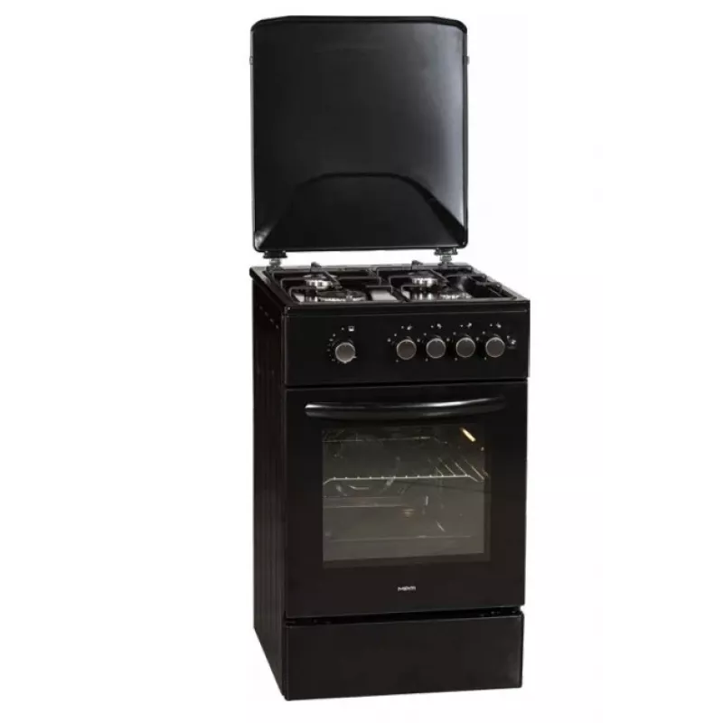 Gāzes plīts MPM MPM-56-KGF-21/B — 4 degļi, nerūsējošais tērauds, cepeškrāsns 54 L, rokturi