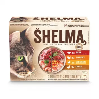 SHELMA ar tītaru, pīli, vistu un liellopu mērcē - mitrā kaķu barība - 12x85g