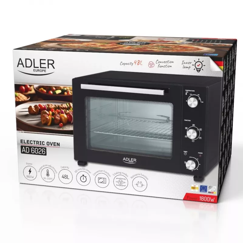 Kompakts elektriskais galda cepeškrāsns Adler AD 6026 — 48 L, 1800 W, mehānisks taimeris