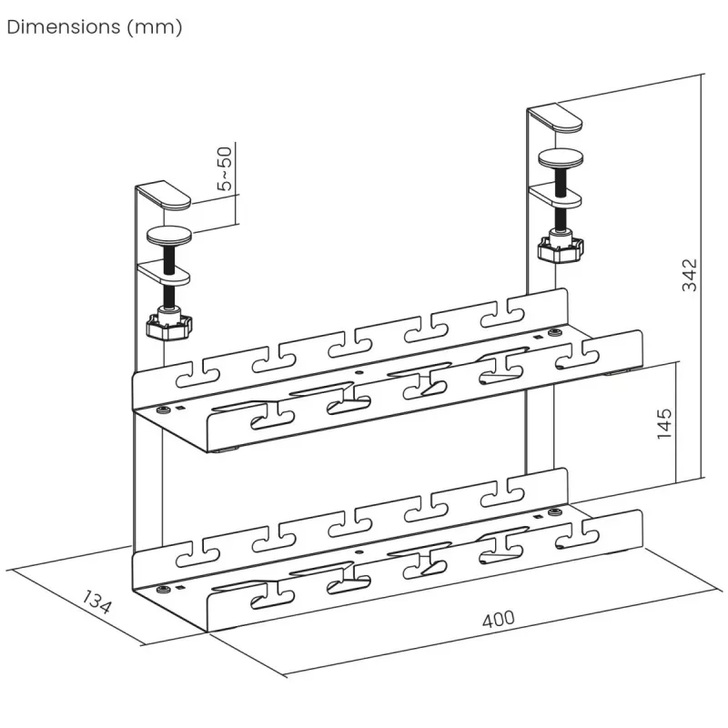 Kabeļu organizators zem galda MACLEAN MC-104 W, 2 līmeņu tērauda paliktnis, balts, max slodze 5 kg, der galdam 0.5–5 cm