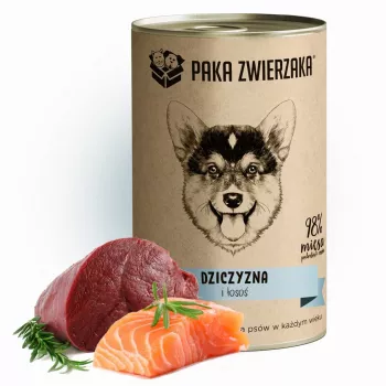 Slapjā suņu barība PAKA ZWIERZAKA Medījums un Lasis 400 g — konservēta barība pieaugušiem suņiem, brieža gaļa un lasis, olbaltumvielas 10.4%, tauki 6.9%, mitrums 76%