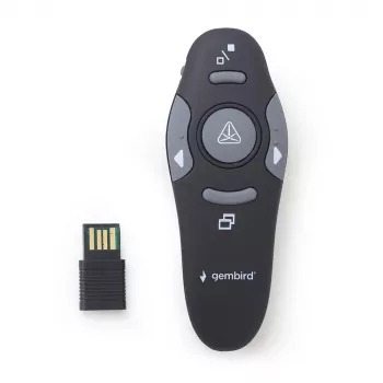 GEMBIRD bezvadu IR prezentācijas pults WP-L-11, 4 pogas, 2.4 GHz RF USB uztvērējs, melna, AAA baterija