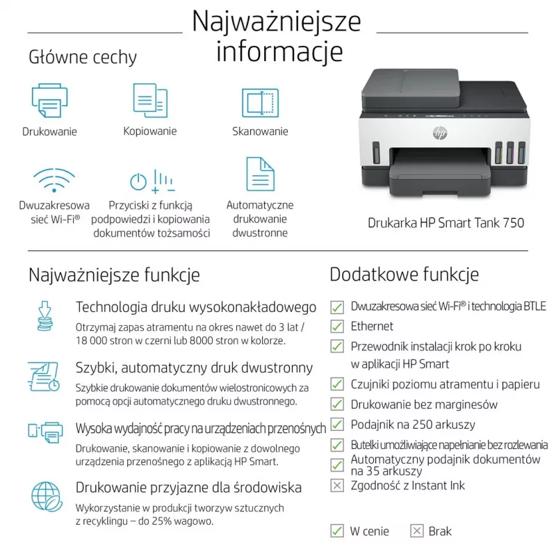 HP Smart Tank 750 Daudzfunkciju Printeris ar Nepārtrauktas Padeves Tinti, Krāsu, Wi-Fi, Viedtālruņa Aplikāciju, Divpusējo Drukāšanu, Automātisko Dokumentu Padevēju