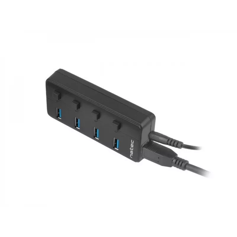 USB centrmezgls NATEC MANTIS USB 2.0 Type-B — 4x USB 3.2 Gen 1 Type-A porti, melns, 0,8 m kabelis, tīkla adapteris, barošanas slēdzis