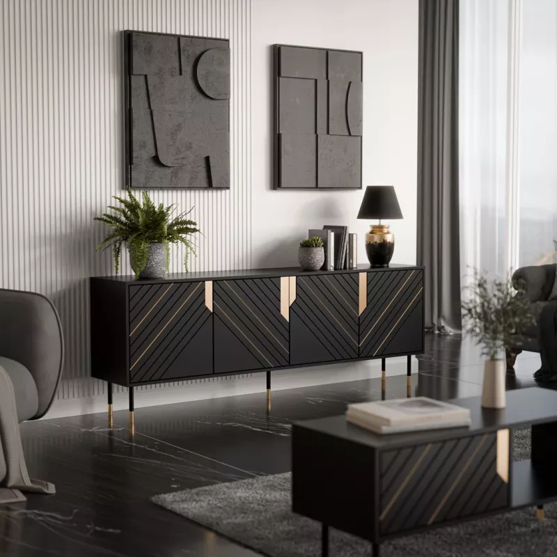 Kumode Cama Meble MOUNTAIN 204x40x72 cm — melns & zelts, MDF/skaidu plātne
