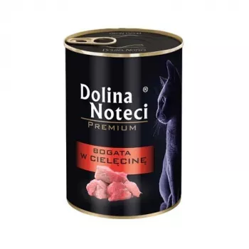 Slapjā barība kaķiem Dolina Noteci 400 g konservs — teļa gaļa, pieaugušiem kaķiem, 80% mitrums