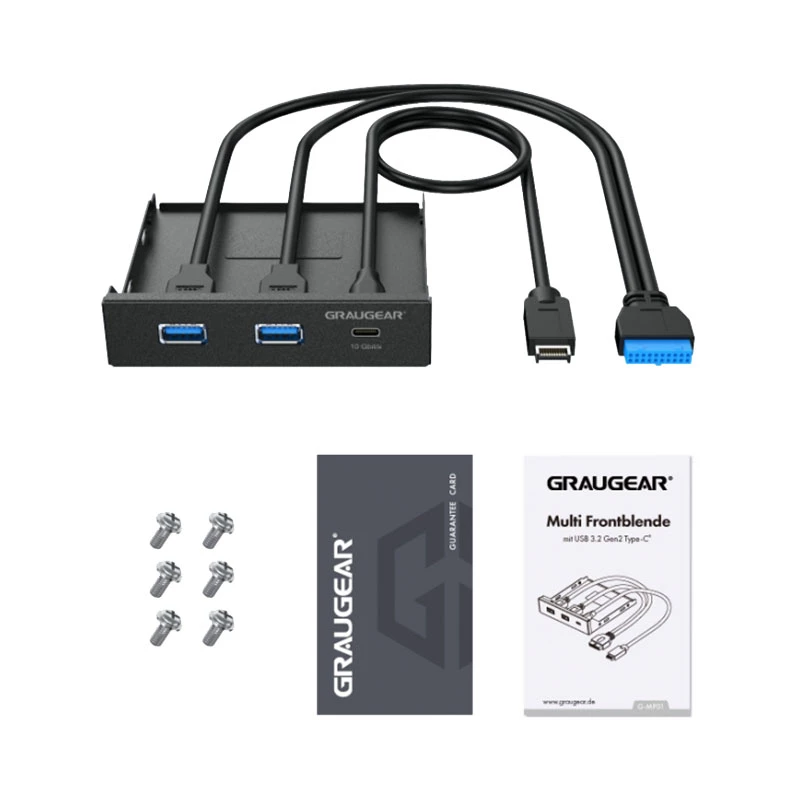 Graugear G-MP01 priekšējais panelis ar 3 portu USB sadalītāju, 1x USB-C 3.2 Gen2 + 2x USB-A 3.0, melnā krāsā