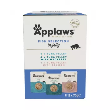 Slapjā kaķu barība Applaws Fish Selection multipack buljonā 12 x 70 g, pieaugušiem kaķiem, 83% mitrums, paciņas