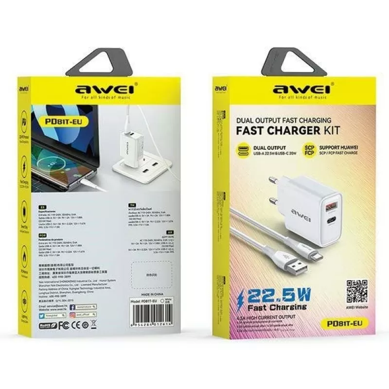 Awei PD81T-EU GaN lādētājs 22.5W balts ar USB kabeli un USB-C