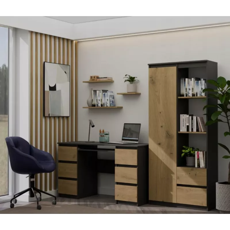 Top e Shop RS-80 BILY biroja grāmatplaukts, antracīta rāmis, ozolkoka durvis, 7 plaukti, 2 atvilktnes, 1800×800×350 mm