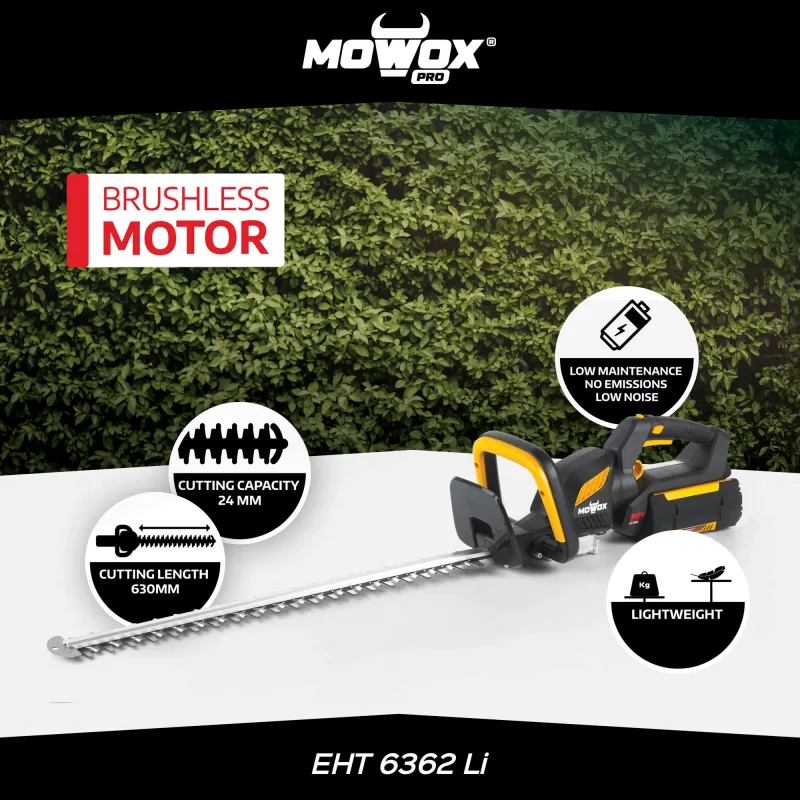 Bezvadu dzīvžoga šķēres MoWox EHT 6362 Li — rokas, grozāms rokturis, akumulatora