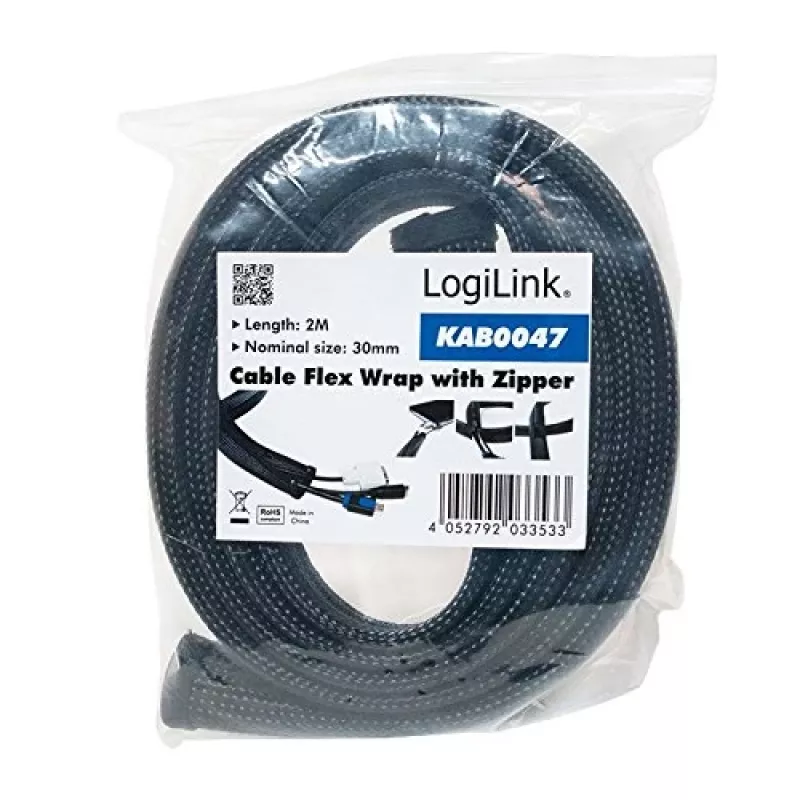 LOGILINK KAB0047 Elastīgs kabeļu organizētājs ar rāvējslēdzēju, Melns 2m