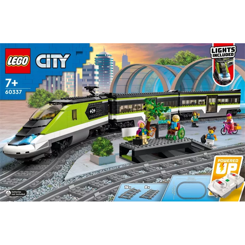 LEGO 60337 City Express Pasažieru Vilciens Ar Tālvadību, Darba Lukturiem, 2 Vagoniem Un 24 Sliedes Gabaliem