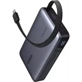 Powerbank UGREEN PB550 20 000 mAh 67W PD ar 1×USB-A, 1×USB-C un iebūvētu USB-C kabeli, viedais displejs (55996B)