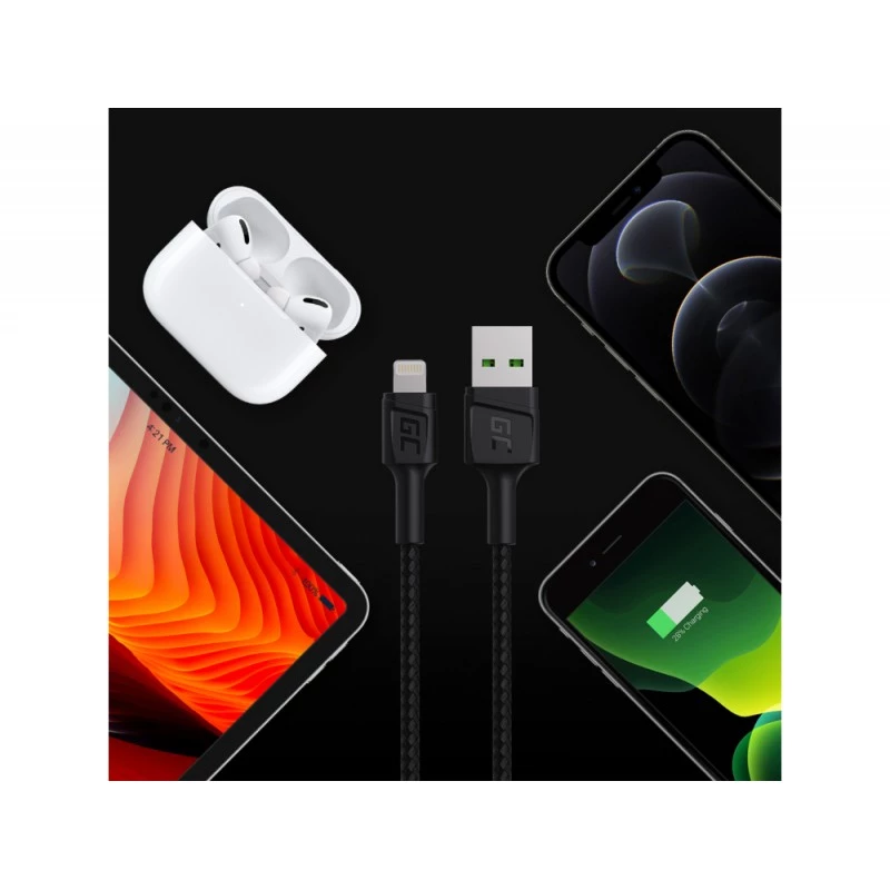 Lightning kabelis Green Cell KABGC18 — 2 m, Lightning uz USB-A, melns