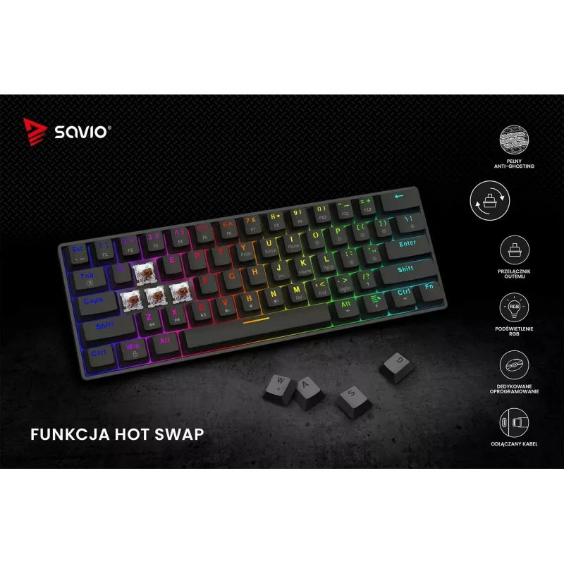 Mehāniskā spēļu tastatūra SAVIO BLACKOUT X2 BRŪNA 61 taustiņš 60% USB QWERTY RGB Outemu Brown
