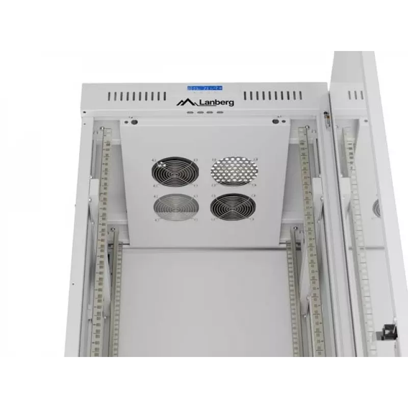 19 collu 42U LANBERG stāvošais skapis 600×600 mm Pelēks ar stikla durvīm un LCD (Flat Pack)